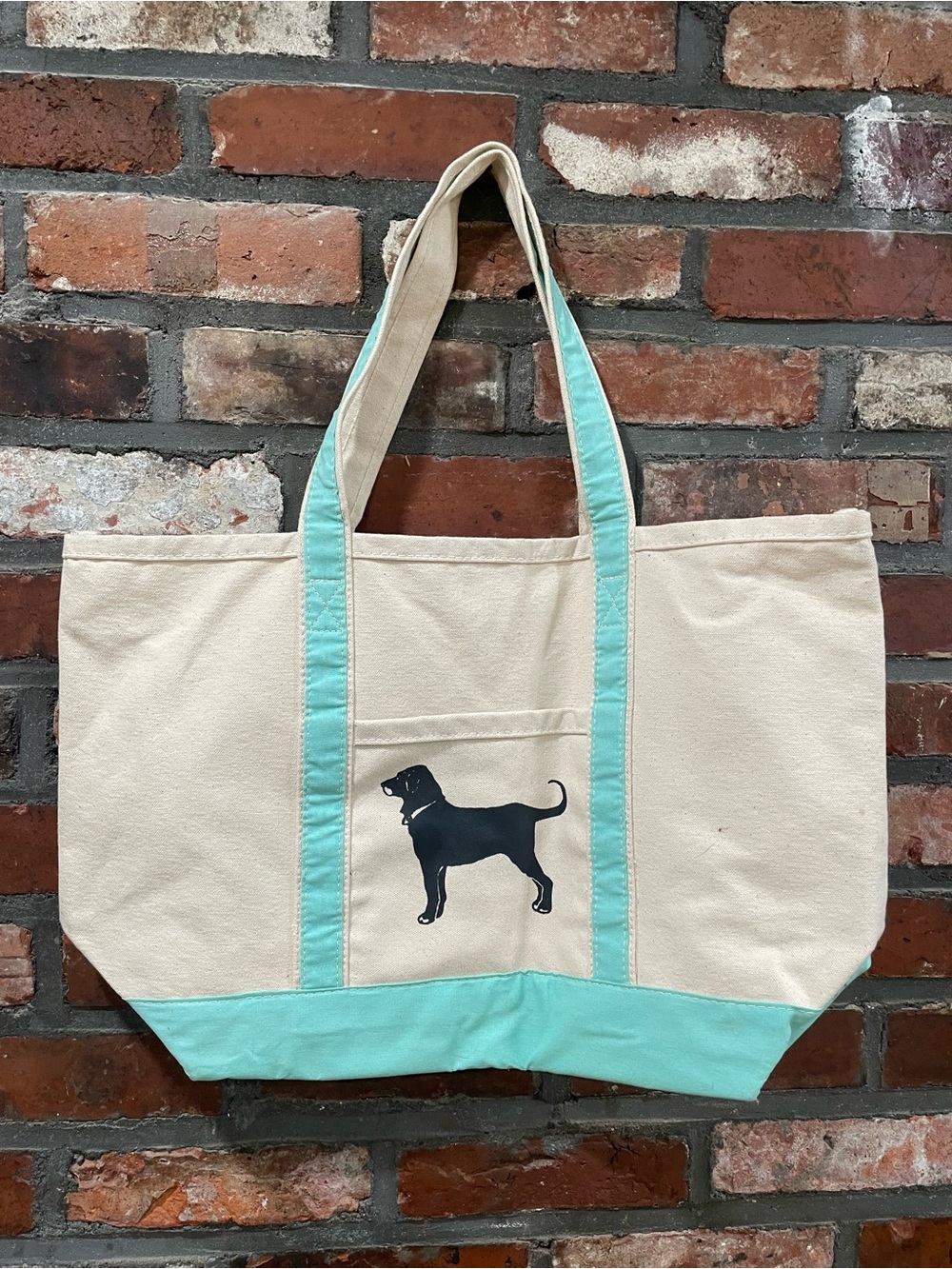 The Black Dog Cream Canvas Tote with Turquoise Trim and Black Dog Logo
